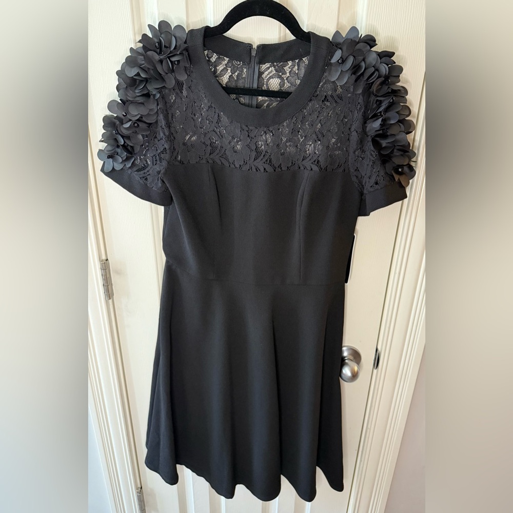 NWT By Shani floral appliqué fit and flare crepe black dress Size 8